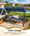 Woman relaxing on a blue Three Seat Outdoor Porch Swing With Adjustable Canopy and Backrest next to a garden pool.