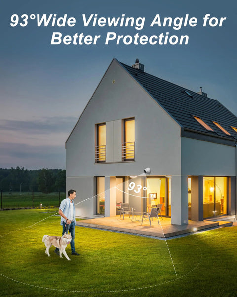 4K UHD PoE Security Camera System With NVR Kit For Home Or Business installed on modern house, showing 93° wide viewing angle.