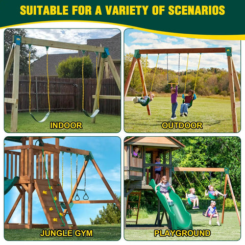 Heavy Duty Swing Set Brackets Bundle With Two A Frame Brackets Four Swing Hangers And Two Seats All Mounting Hardware Included Green Durable Porch Yard Playground Swing Kit shown in various settings: indoor, outdoor, jungle gym, and playground.