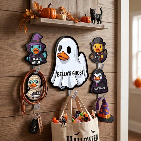 Custom Photo Wall Hooks Featuring A Personalized Name Duck Design No Drilling Acrylic Hangers holding keys and bags for Halloween decor.