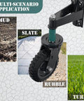 Six Inch Heavy Duty Gate Wheels Serving As A Badass Rolling Rig With Built Spring Suspension on different surfaces like mud, slate, and turf.