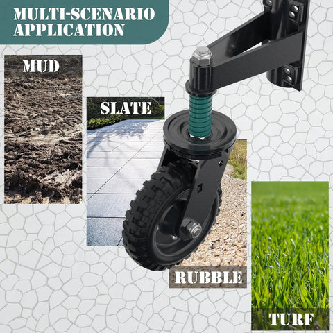 Six Inch Heavy Duty Gate Wheels Serving As A Badass Rolling Rig With Built Spring Suspension on different surfaces like mud, slate, and turf.