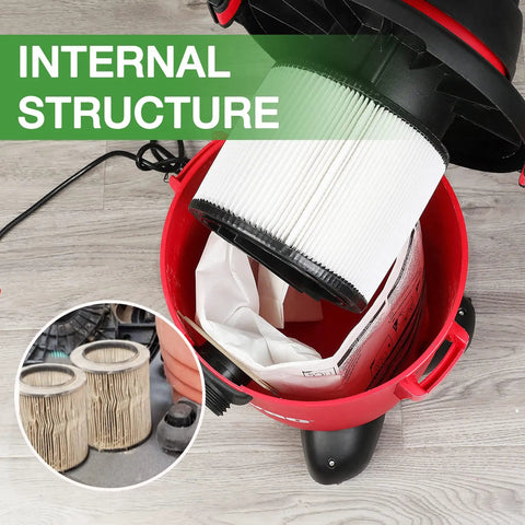 Replacement Cartridge Filter For 5 Gallon And Up Dry Vacuums installed in red vacuum, showcasing internal pleated filter construction.