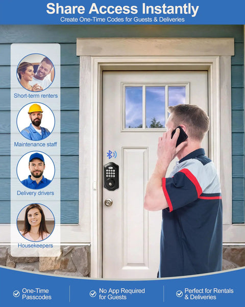 Hassle Free Keyless Entry Door Lock With Glowing Backlit Keypad And Smart Bluetooth App Control In Classy Matte Black Finish used by a delivery driver at a front door.