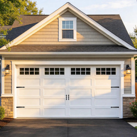 Beefy Garage Door Decor Hardware, Black Carriage Faux Hinges And Handles With Strong Magnets on white garage door.