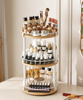 Three Tier Lazy Susan Rotating Spice Rack Featuring Smooth Ball Bearing Turntable System For Hassle Free Pantry Access White Natural Wood Countertop Organizer with beauty products.