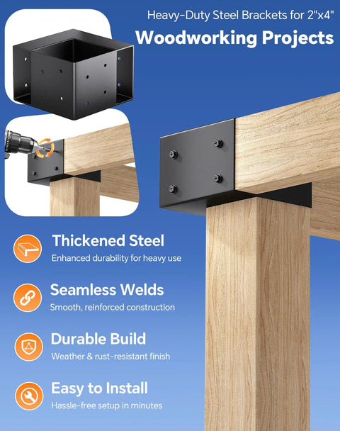 Heavy Duty Steel Workbench Bracket Kit 8 Pack 3 Way Right Angle Corner Brackets with screws installed on 2x4 lumber.