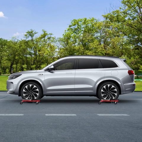 Set Of Two Heavy Duty Hydraulic Wheel Dollies With Foot Pump Lift And Six Thousand Pound Capacity For Smooth Rolling Tire Skates under SUV.