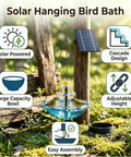 Solar Bird Bath Fountain With Hanging Cascade Water Bowl And Pump Outdoor Garden Decor For Hummingbirds Easy Sun Powered Water Feature That Runs On Direct Sunlight No Batteries Needed Blue hanging in garden with solar panel.
