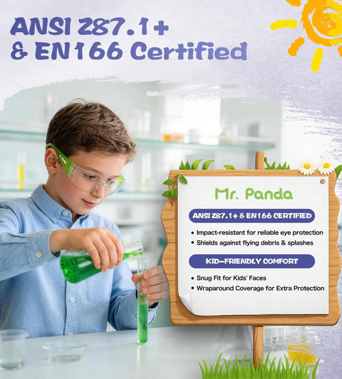 Rad 6 Pack Kids Safety Glasses Youth Protective Eyewear ANSI Z87 Certified Scratch Proof Lenses UV400 Shield Lightweight Rigs For School Tasks DIY Builds Backyard Hangouts With Cool Multicolor Styles To Protect Your Crew During Every Single Activity. Boy wearing safety glasses pouring green liquid in lab.