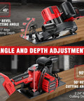 Badass Six Point Five Inch Cordless Circular Saw With Brushless Bldc Motor 1100 Watt 6200 Rpm Accepts Eighteen Volt Packs No Extra Juice Needed Slick Operation Pro Grade Woodworking Rig showing depth and angle adjustments.