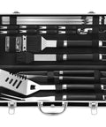 22 Piece Stainless Steel BBQ Tools Set With Aluminum Case showing spatula, tongs, brush, fork, corkscrew, skewers, corn holders