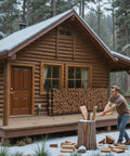 Man chopping wood near a cabin with Heavy Duty 8Ft Outdoor Firewood Rack For Backyard Storage, Large Capacity Log Stacking Stand