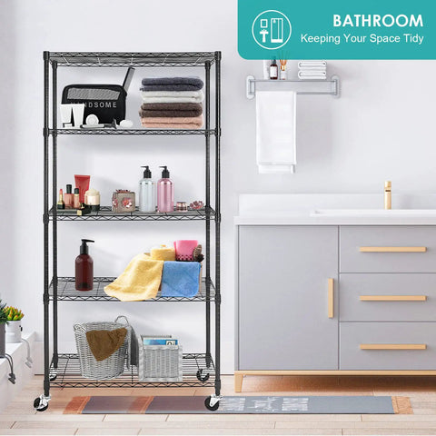 Total Workhorse Five Tier Black Wire Shelving Rack With Smooth Rollers Fully Adjustable NSF Certified Metal Storage Unit For Kitchen Pantry Garage Go Anywhere Rolling Caster Shelves Haul Three Hundred Thirty Pounds in bathroom with towels and toiletries.