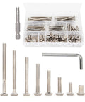 Real Deal M6 Socket Cap Bolts And Barrel Nuts Assortment Kit Nickel Plated Hex Button Head Screws For Furniture Assembly And Crib Repair 100 Piece M6X20 To M6X80MM Set with various sizes of bolts and nuts in organizer box.
