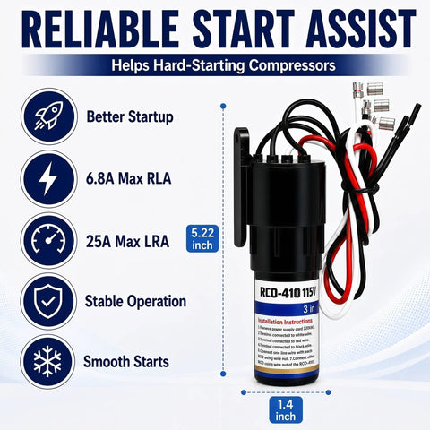 Universal 3 In 1 Compressor Hard Start Capacitor Kit For Refrigeration Systems 115 Vac 1/4 To 1/3 Hp showing dimensions and wiring.
