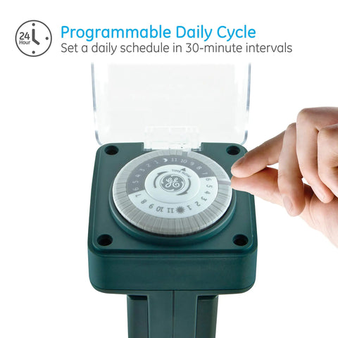 Built Like A Tank Weather Resistant Outdoor Mechanical Timer With An Effortless 24 Hour Dial Routine Plus Beefy 6 Grounded Outlets For String Lights Fountains And Pump Gear showing the 24-hour dial configuration.