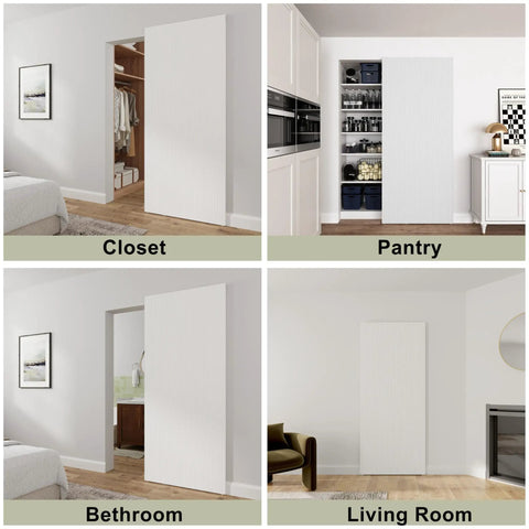 Premium Fluted Panel Concealed Barn Door 36 By 84 Inches shown in closet, pantry, bathroom, and living room settings.