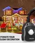 Heavy Duty Mechanical Outdoor Timer Outlet With Dual Grounded Plugs For Landscape Lights And Garden Gear featuring holiday decorations.