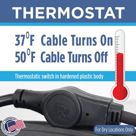 Close-up of Intelligent Heat Tape For Water Pipes Freeze Protection With GlowCap Built In Thermostat control switch showing temperature settings.
