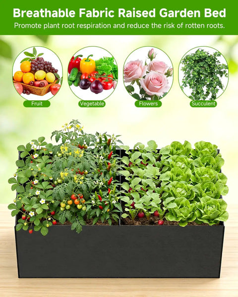 Breathable fabric raised garden bed with vegetables, fruits, flowers, and succulents for efficient root respiration