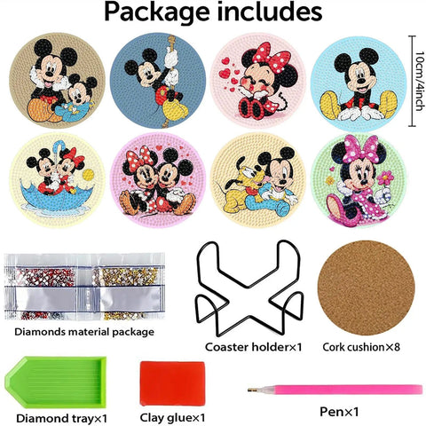 8 Piece Cartoon Diamond Painting Coaster Set With Holder, DIY Diamond Art Coasters For Adults And Beginners shown with accessories