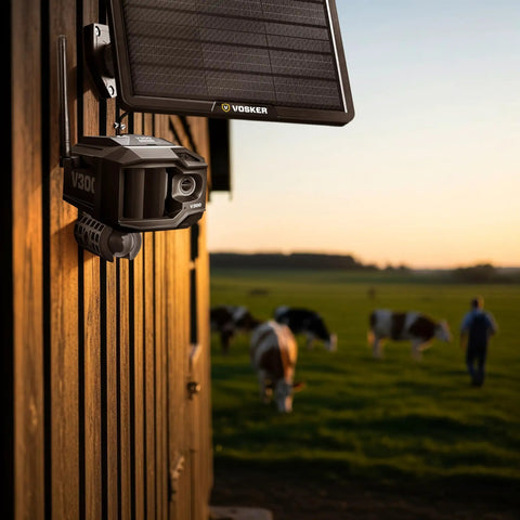 Zero Fuss Off Grid Farm Security Camera Using 4G LTE Cellular Data And Rock Solid Solar Setup mounted on barn with cows grazing nearby.
