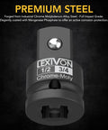 Beefed Up 1/2 Inch To 3/4 Inch Impact Socket Increaser For Heavy Duty High Torque Work with Chrome Molybdenum Alloy Steel.