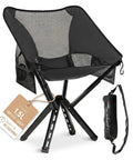 Ultra Lightweight Backpack Chair With 5 Second Folding, Grab And Go Packable Camp Chair in Onyx Black with bag attached.