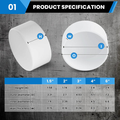 Dimensions of 2 Inch PVC End Cap For Schedule 40 Pipe, White Slip Socket Cap Connector showing size and specifications.
