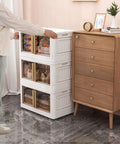 Slim Side Access White Storage Tower Featuring Stackable Plastic Bins With Secure Lids For Effortless Home Organization In Tight Spaces, organized with clear drawers.