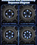 Installation and disassembly sequence diagram for various lug nut wheels, showcasing 4, 5, 6, and 8-lug configurations.