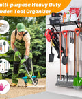 Multi-purpose Heavy Duty Garden Tool Organizer with various tools displayed on wall, showcasing space-saving design for outdoor use.