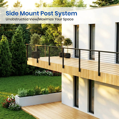 36 Inch Side Mount Cable Railing Post Kit With Fascia Deck Brackets Slick Black Swageless Stainless Steel Cable Rails installed on a balcony.