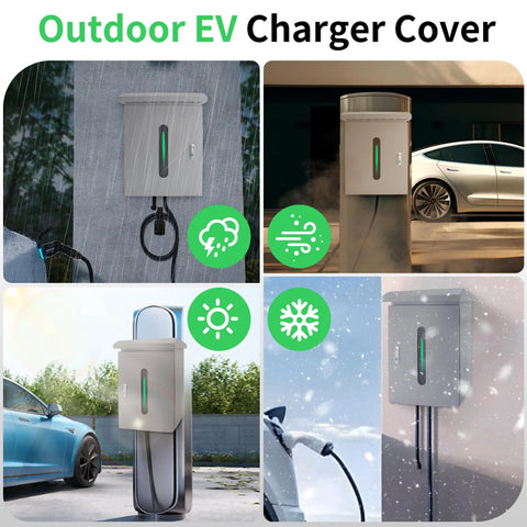 Slick Outdoor EV Charger Lock Box With Viewable Window For Tesla Wall Connector And Most Electric Cars, shown in various weather conditions.