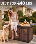 Woman sitting on 134 Gallon Waterproof Resin Outdoor Deck Box With Lock Doubles As Bench Seating For Patio Cushions Garden Tools And Pool Accessories No Fuss Heavy Duty Weather Ready Dark Brown Wood Grain Finish with dog
