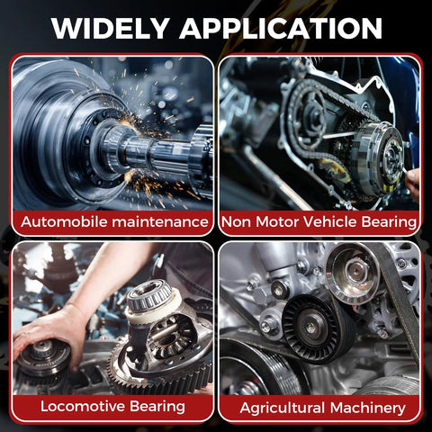ISINLASSO 36-in-1 steel bearing puller kit for cars, motorcycles and machinery; four-view application collage.