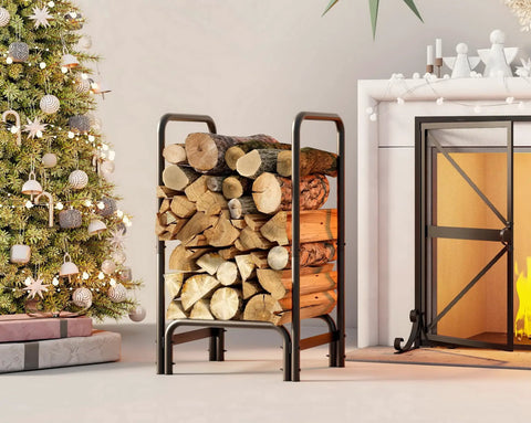 Sturdy Firewood Rack And Log Holder For Indoor Outdoor Use Heavy Duty 25mm Tubular Steel Log Storage Stack Supports Up To 400 Pounds Rustproof Black Powder Coated Firewood Organizer For Fireplace And Patio next to a decorated tree and fireplace