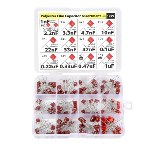 Premium Metalized Film Capacitor Assortment 415 Pieces Spanning 100 Volts 250 Volts 400 Volts Offers Top Tier Reliability For Your Favorite Weekend Warrior Build in organized storage box.