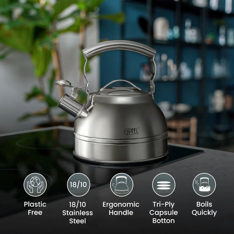 Whistling Tea Kettle For Stovetop 2.3 Quart Stainless Steel Teapot Food Grade For Kitchen Induction Gas And Electric Ready Ergonomic Handle Fast Boil Durable Design on stovetop