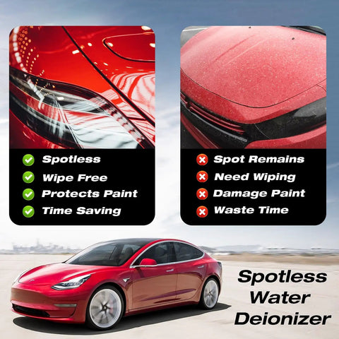 Image showing comparison of car paint finish with and without Spotless Car Wash Water System With Deionizer For Ultra Low TDS Rinse No Wipe Shine Every Time 50 Gallon Deionized Water Filter For Detailing And Exterior Cleaning, highlighting spotless shine on left.