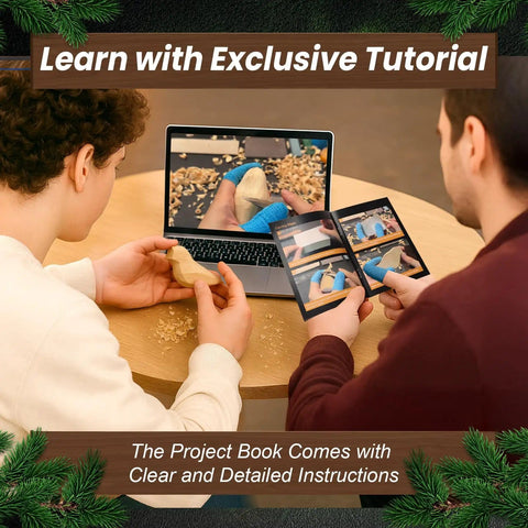 Two people learning from laptop tutorial with Beginner Friendly Wood Carving Kit For Adults And Kids 13 Piece Whittling Tools Bird Carving Set With Safe Wood Carving Knife For Learning DIY Crafts And Hobbies Great Gift Idea.