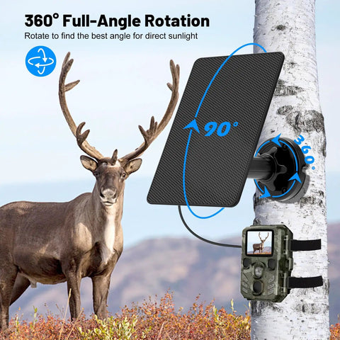 Heavy Duty Solar Panel For Trail Cameras With Built In 5000MaH Rechargeable Battery Solar Charging Kit on tree with adjustable mount.