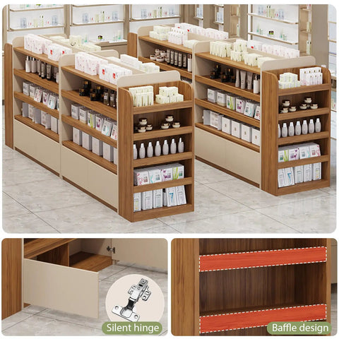 Heavy Duty Double Sided Gondola Shelving With Storage Cabinet Built Tough For Retail Shops And Boutiques, featuring baffle design and silent hinge.