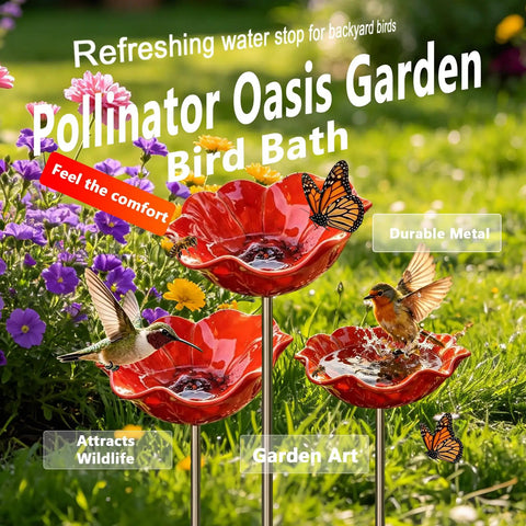 Three Metal Flower Garden Stake With Bird Bath Bowl For Outdoor Pollinator Watering Station With Hummingbird and Butterfly