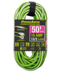 Fifty Foot Heavy Duty Extension Cord With Locking Plug And Lighted End For Extreme Cold Heat Climate Job Site Or Yard Work 15 Amp Indoor Outdoor Power Cable Five Year Warranty Tough As Nails packaging with specifications.