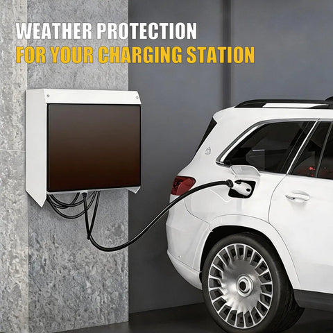 Badass Weatherproof EV Charger Cover Wall Mount Universal Fit EV Protection Box Tinted Acrylic Panel, mounted on wall beside EV.