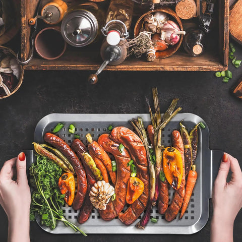 Grill Pan Set Of 2 Stainless Steel Perforated Grilling Baskets With Handles For Outdoor BBQ, showcasing vegetables and spices