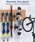 Wall Mounted Ski And Snowboard Rack with skis and snowboard displayed, heavy duty non-slip holders, organized garage space.