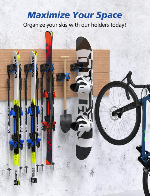 Wall Mounted Ski And Snowboard Rack with skis and snowboard displayed, heavy duty non-slip holders, organized garage space.